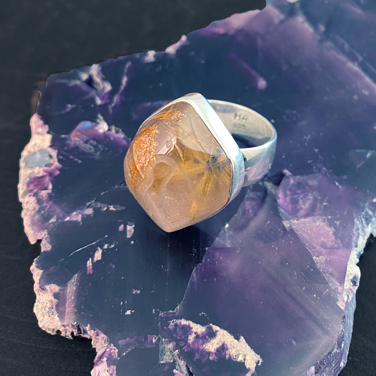Gold Rutilated Quartz Sterling Silver Ring with Divine Feminine Symbol size 10.5