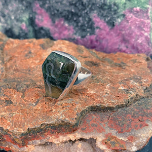 Green Jasper Sterling Silver Ring with Divine Feminine Symbol size 9