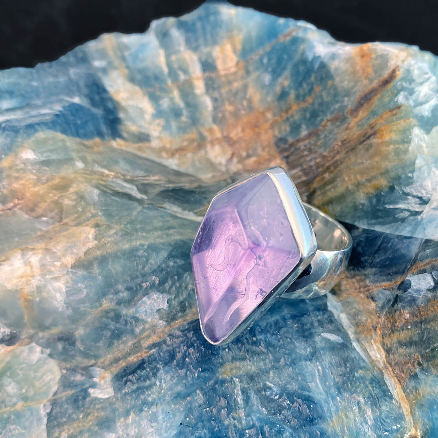 Amethyst Sterling Silver Ring with Divine Feminine Symbol size 8.5