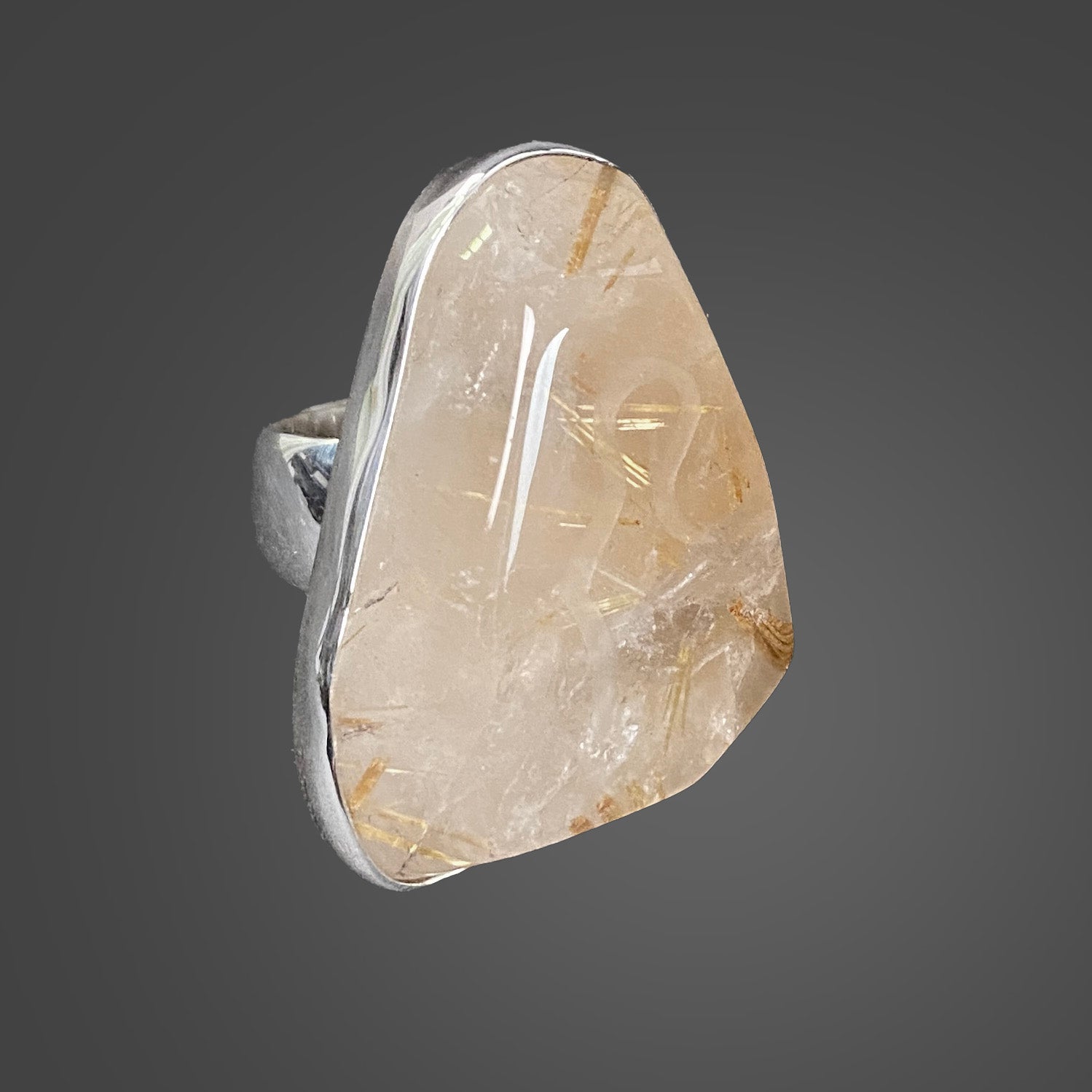 Gold Rutilated Quartz Sterling Silver Ring with Divine Feminine Symbol size 9.5