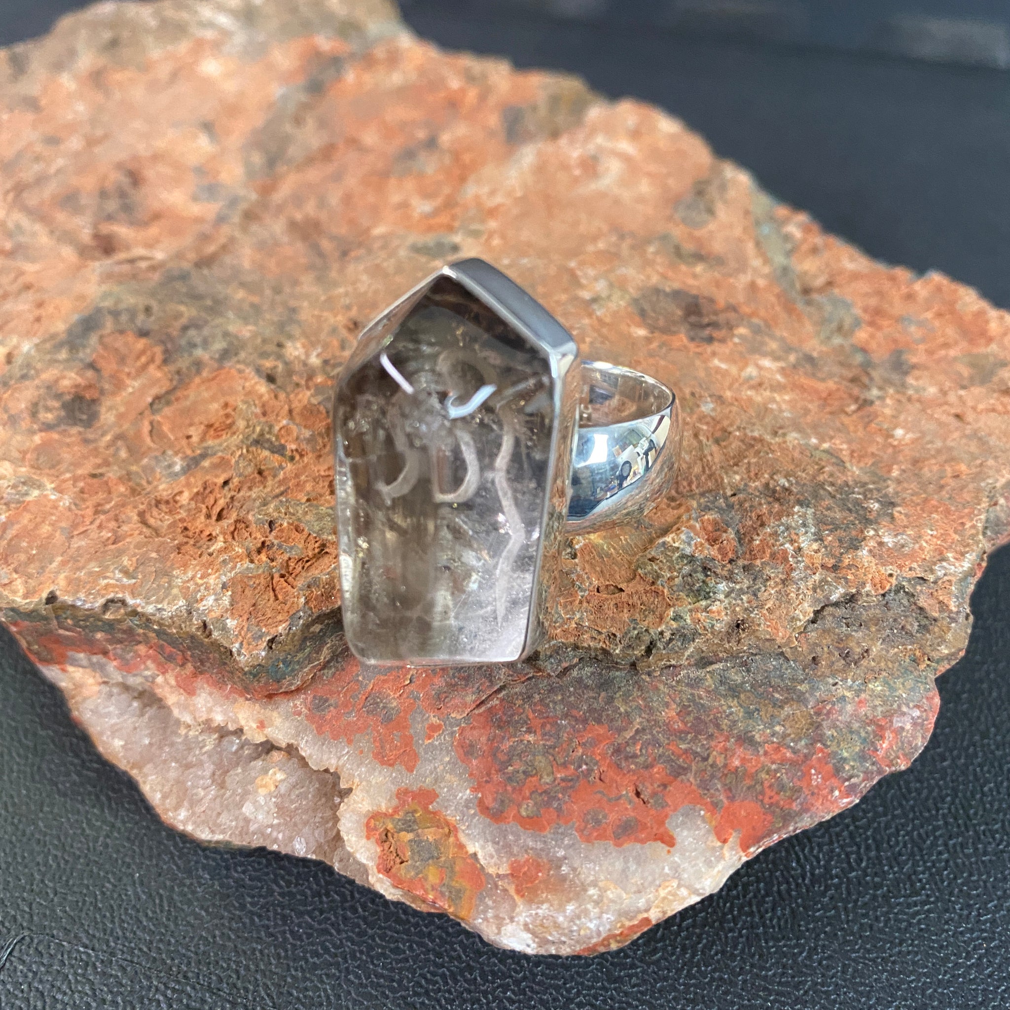Smoky Elestial Sterling Silver Ring with Divine Feminine Symbol size 9.5